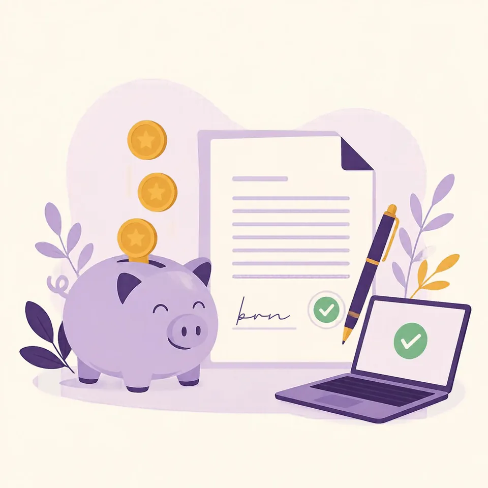 A piggy bank and a signed contract beside a laptop