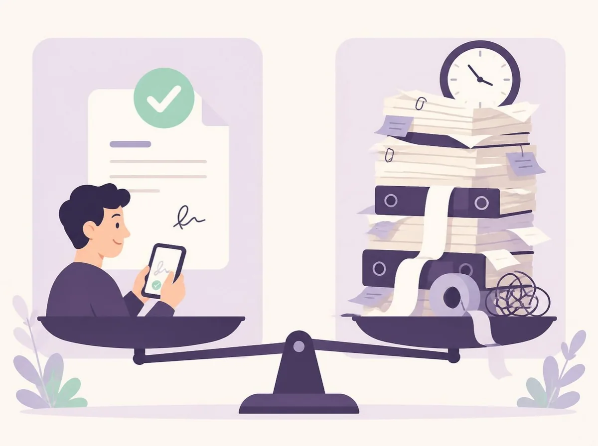 A simple signed contract on one side of a balance scale outweighing a messy pile of paperwork on the other