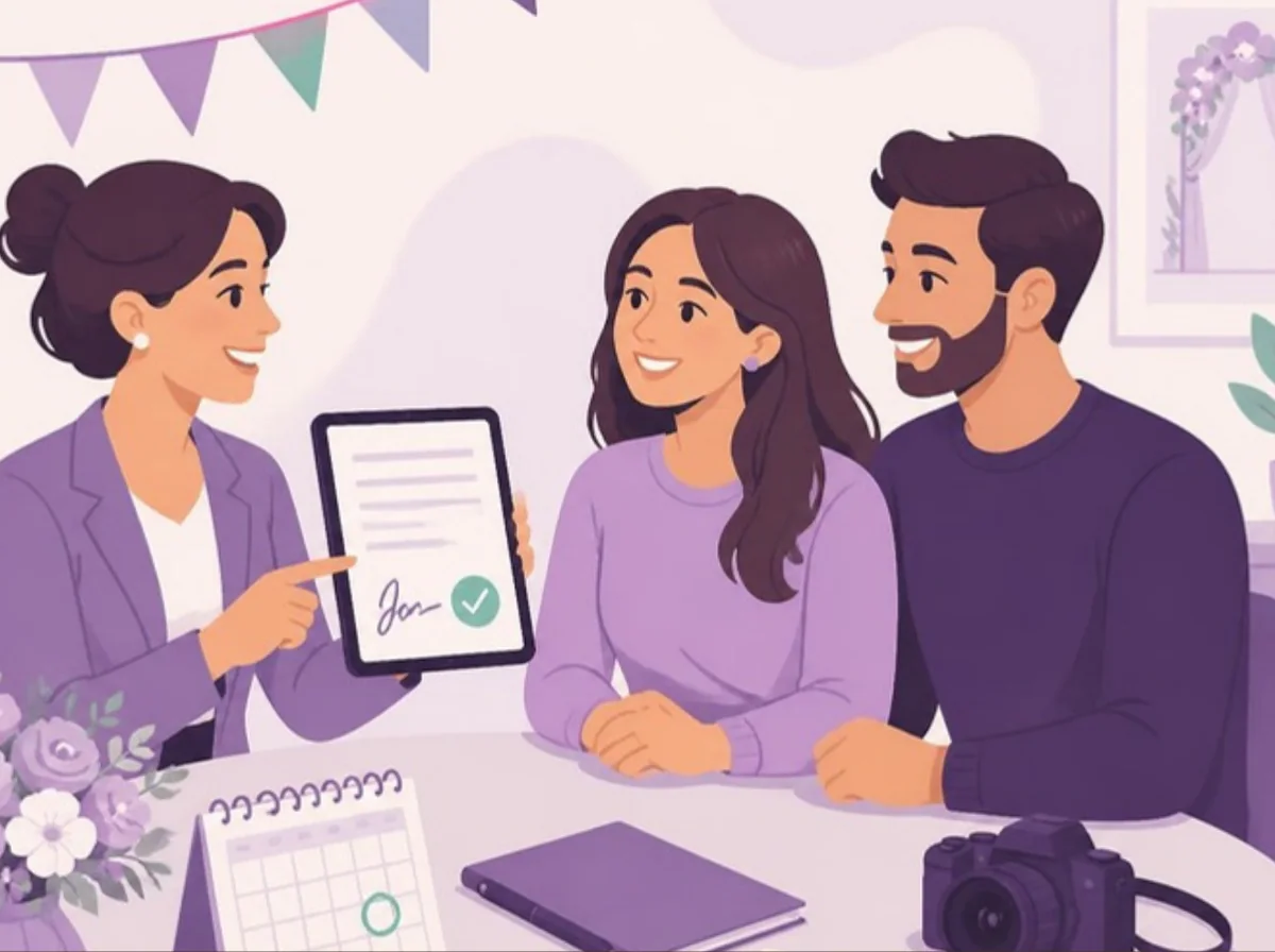 An event planner and a couple reviewing a signed booking contract on a tablet, surrounded by bunting, a wedding cake and a calendar