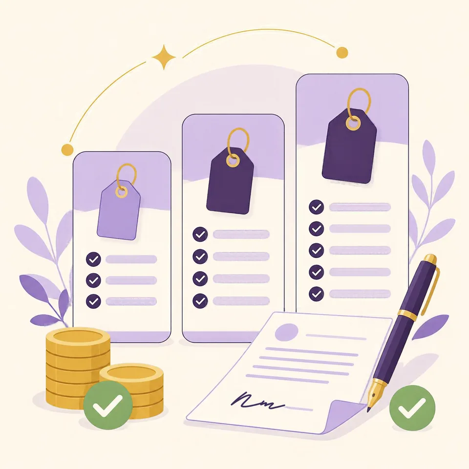 Three plan cards with price tags next to a contract and a pen